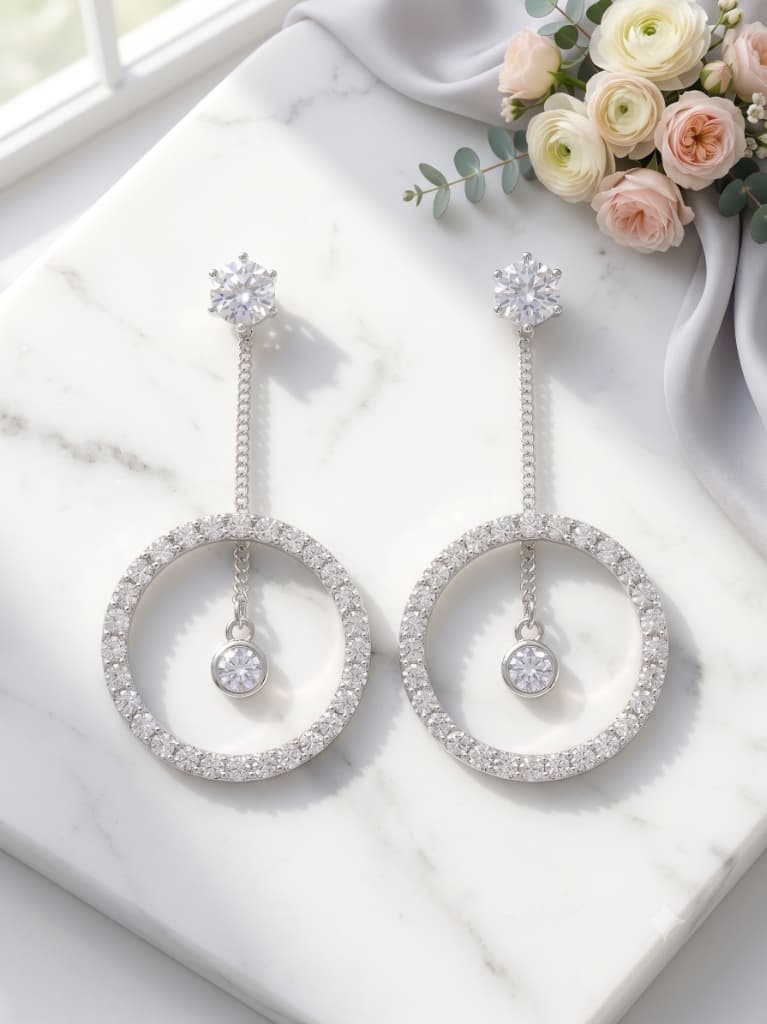 Solitaire Halo Circle Drop Earrings 3