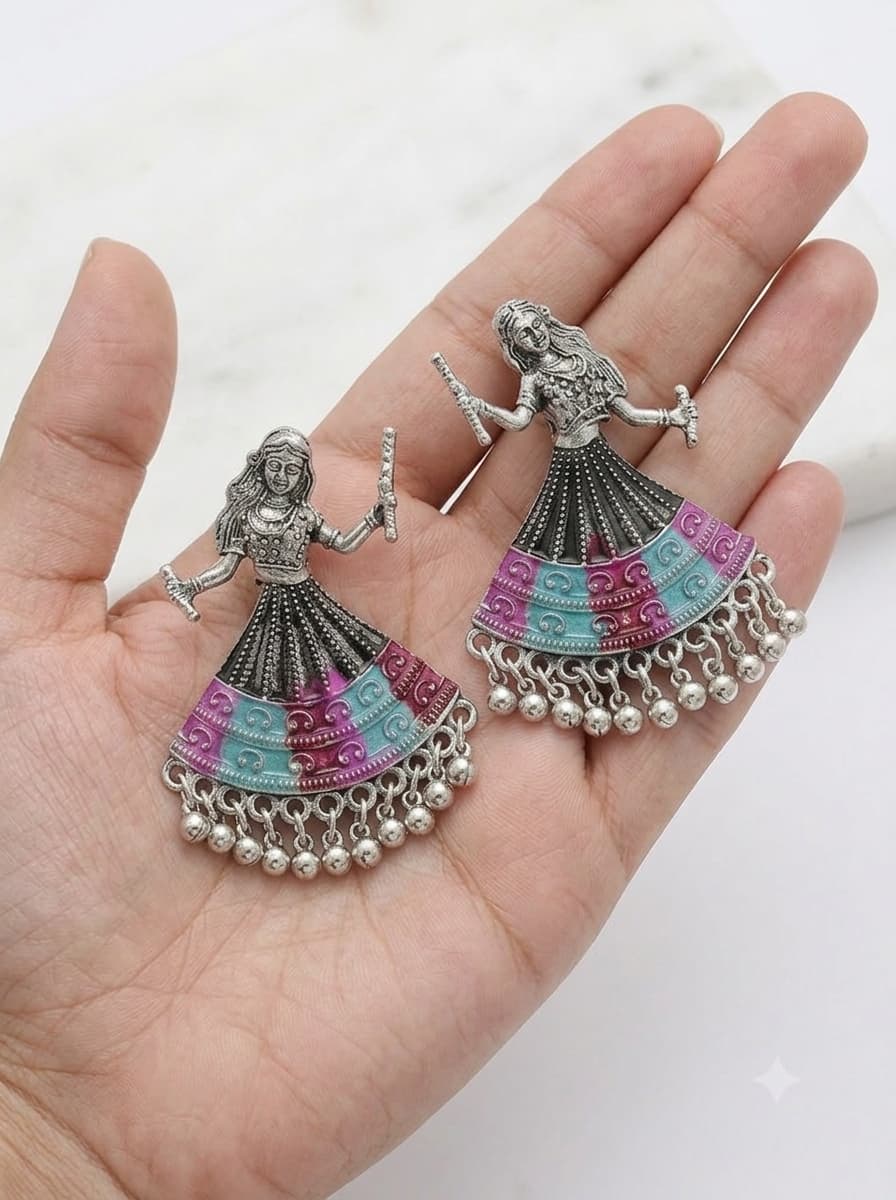 Oxidized Garba Dancer Enamel Earrings 3