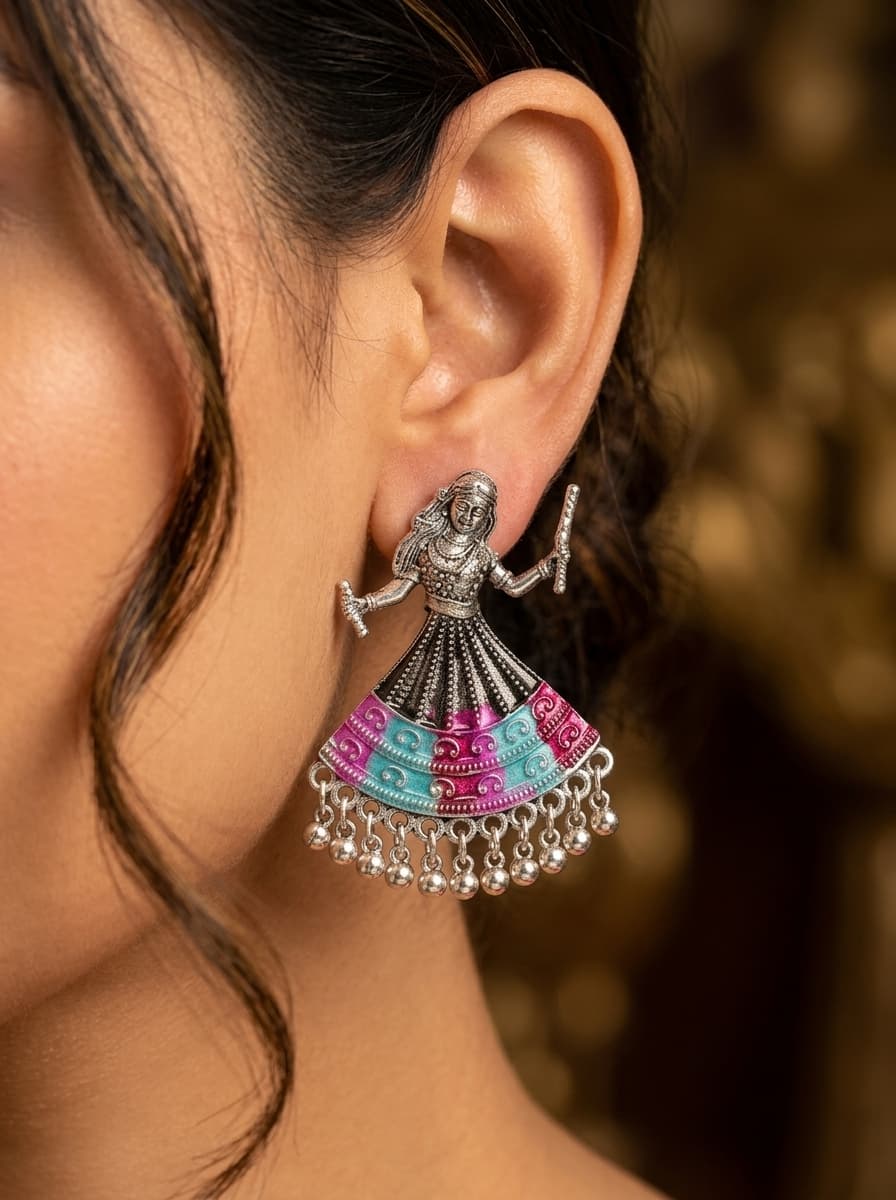 Oxidized Garba Dancer Enamel Earrings 2