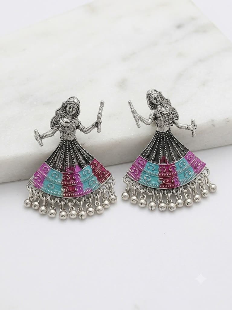 Oxidized Garba Dancer Enamel Earrings