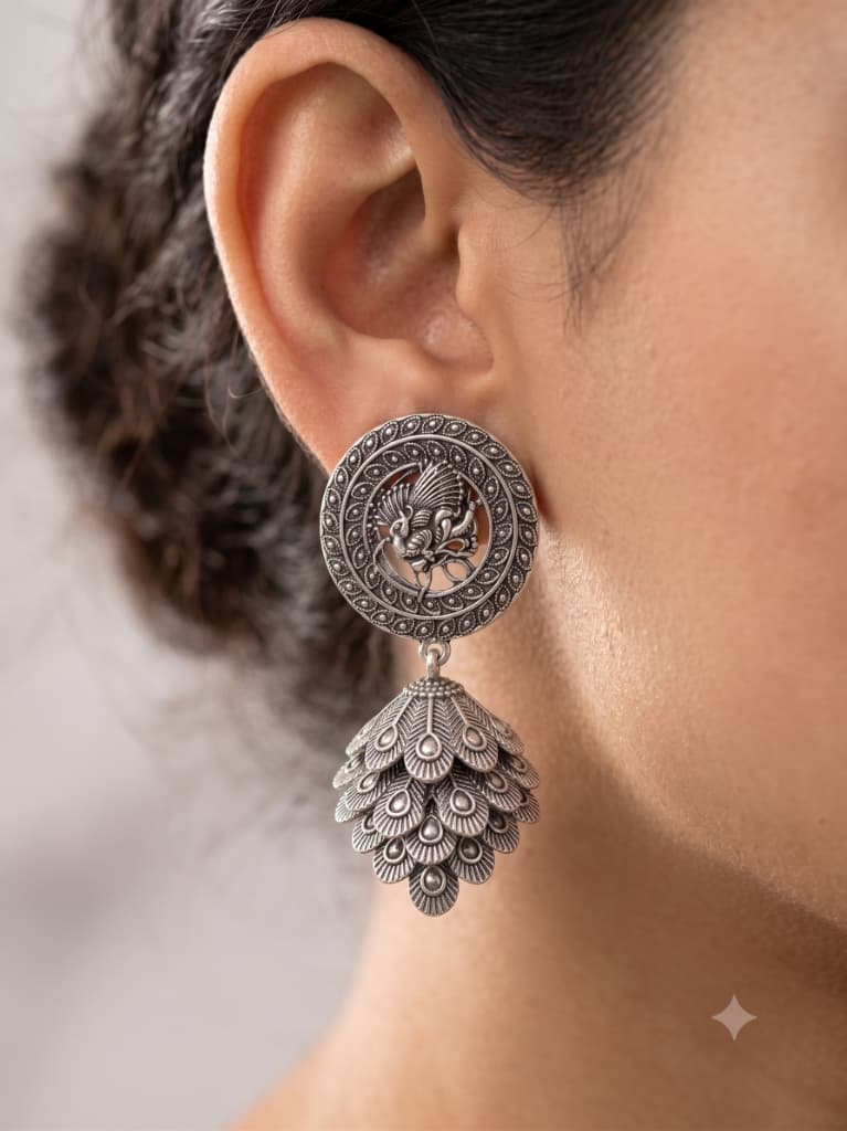 Oxidized Peacock Feather Jhumka Earrings 2