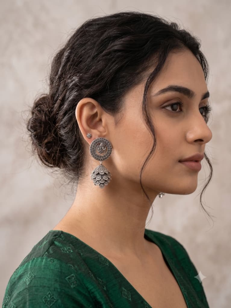 Oxidized Peacock Feather Jhumka Earrings 3