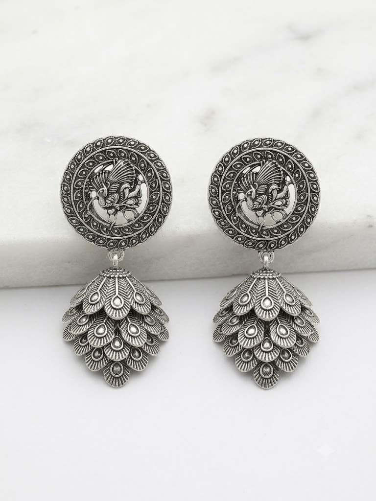 Oxidized Peacock Feather Jhumka Earrings