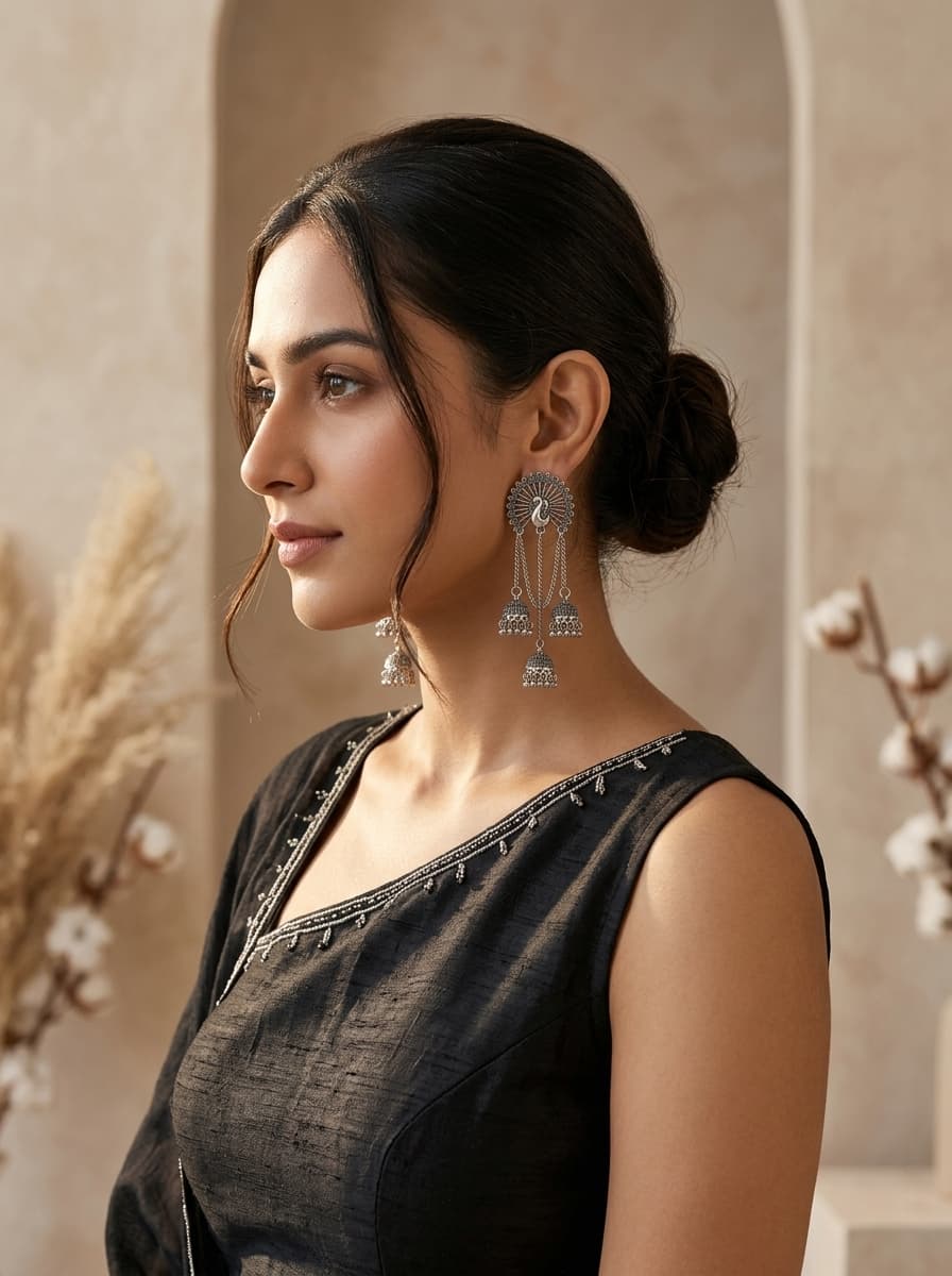 Royal Peacock Hanging Chain Jhumka Earrings 5