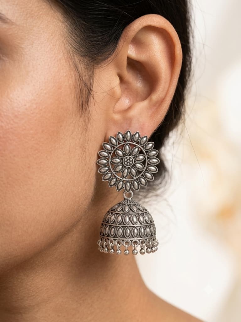 Sunflower Medallion Oxidized Jhumka Earrings 2