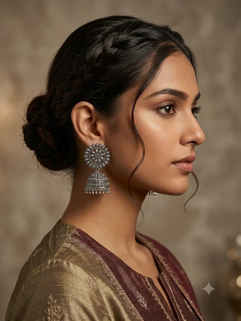 Sunflower Medallion Oxidized Jhumka Earrings 3