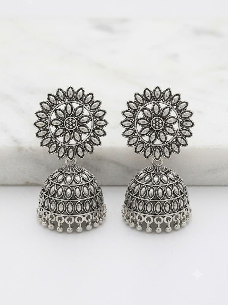 Sunflower Medallion Oxidized Jhumka Earrings